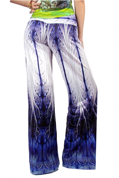 Trendy Blue Peacock Feather Printed Costume Palazzo Wide-Leg Pants