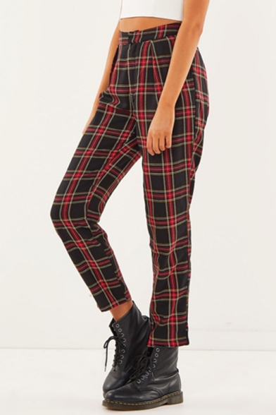 Jotebriyo Womens Casual High Waisted Plaid Check Belted Jogger Pants 