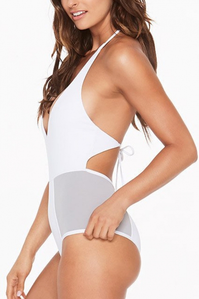 Trendy Colorblock Mesh Patched Halter Plunged Neck Women's One Piece Swimsuit Swimwear