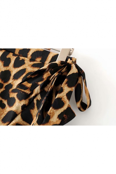 Trendy Khaki Leopard Printed Tied Waist Ruffled Hem Wrap Around Skirt