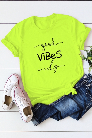 Trendy Letter GOOD VIBES ONLY Printed Casual Short Sleeve Round Neck Cotton Tee