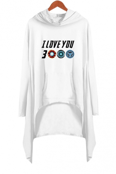 Unique Awesome Letter I Love You 3000 Long Sleeve Asymmetrical Hooded Dress