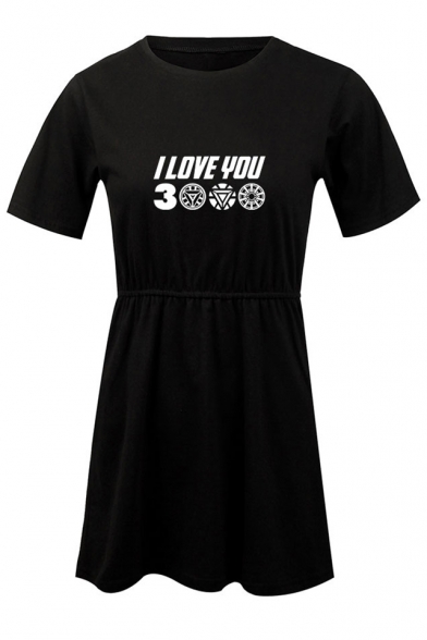 Unique Letter I Love You 3000 Printed Short Sleeve Round Neck Mini A-Line Dress