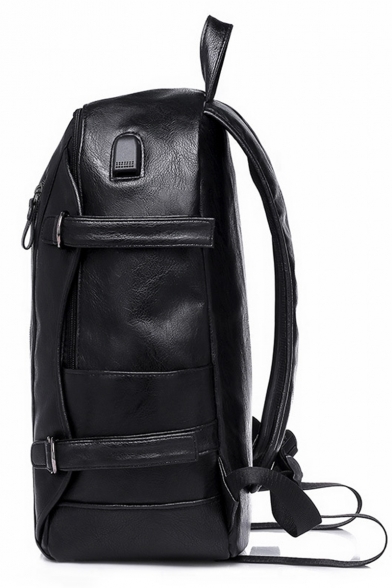 Unisex Fashion USB Solid Color Zipper Front Black PU Leather Business Laptop Backpack 30*45 CM