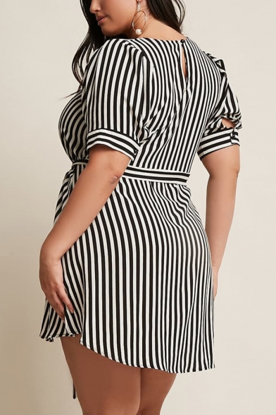 Women's Classical Round Neck Short Sleeve Bow-tied Waist Stripes Print Mini Black Dress