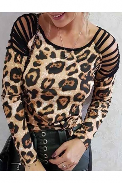 Women's Fashion Leopard Printed Round Neck Cut Out Long Sleeve T-Shirt