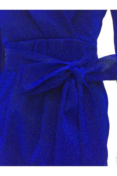 Women's Hot Fashion V-Neck Long Sleeve Plain Pattern Tied Waist Mini slit Bodycon Dress