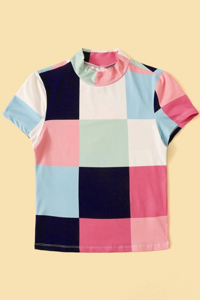 Women's New Trendy Plaid Printed Short Sleeve Mock Neck Pink T-Shirt