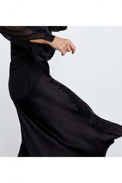 Women's New Trendy Solid Color Bias Cut Silk Satin Black Midi Skirt