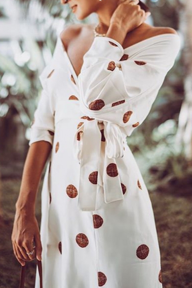 Women's New Trendy White Polka Dot Printed Off The Shoulder Tied Waist Maxi Wrap Dress