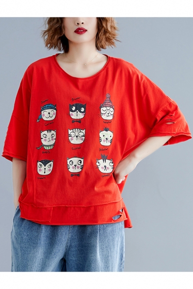 Women's Plus Size Cute Cartoon Cat Face Printed Cutout Relaxed T-Shirt