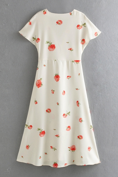 Women's Sexy V-Neck Short Sleeve White Floral Pattern Maxi Slim Fit Dress