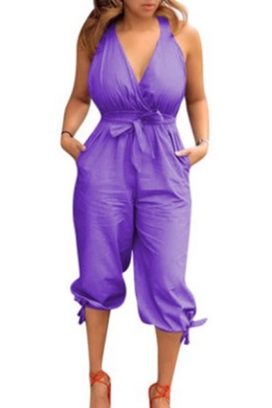 Women's Summer Fashion Solid Color V-Neck Sleeveless Bow-Tied Waist Bow-Tied Cuff Casual Jumpsuit