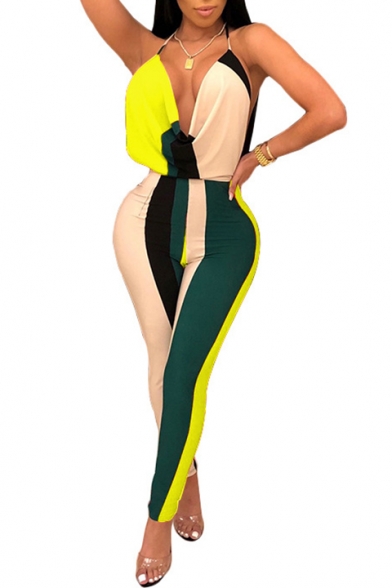 Women's Summer Hot Fashion Color Block Plunge Neck Spaghetti Strap Casual Jumpsuits