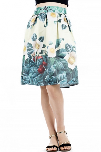Women's Unique Vintage Floral Pattern Midi A-Line Swing Skirt