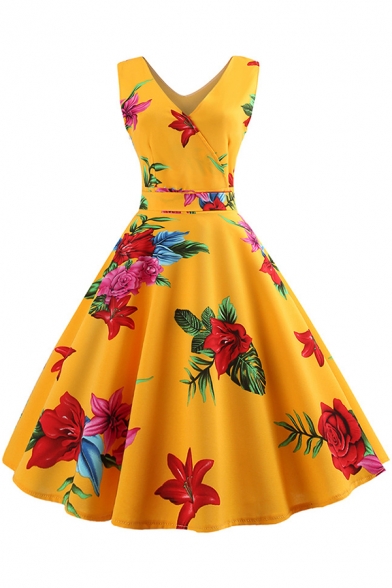 Women's Vintage Floral Pattern Sleeveless V-Neck Midi A-Line Yellow Dress