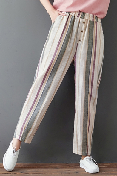 Women's Vintage Linen Vertical Stripe Printed Baggy Harem Pants