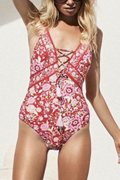 Womens Chic Red Floral Printed Lace-Up Front One Piece Swimsuit Swimwear