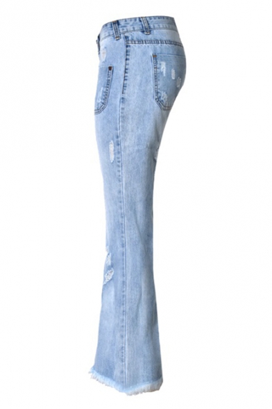Womens New Fashion Ripped Button-Fly Fringed Hem Blue Slim Fit Flare Jeans