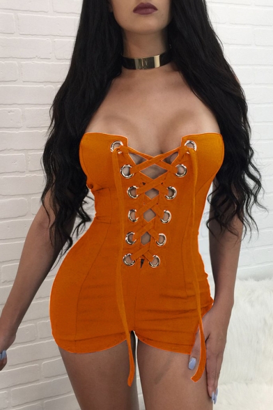 Womens New Fashion Strapless Eyelet Lace-Up Cut Out Sexy Skinny Fit Nightclub Playsuit Romper