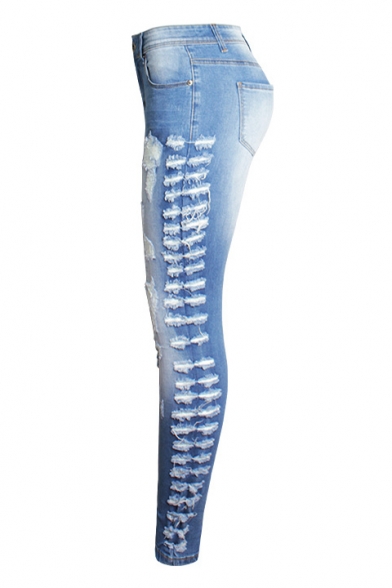 Womens New Stylish Destroyed Ripped Faded Blue Stretch Skinny Fit Jeans