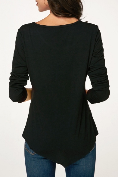 Womens New Trendy Black Pattern Round Neck Long Sleeve Slim Fit T-Shirt
