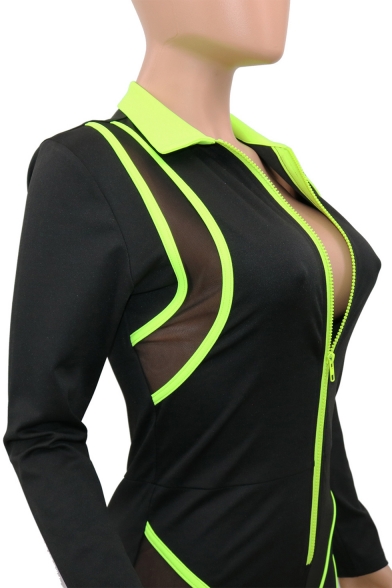 Womens New Trendy Colorblock Zipper V-Neck Long Sleeve Skinny Fit Romper