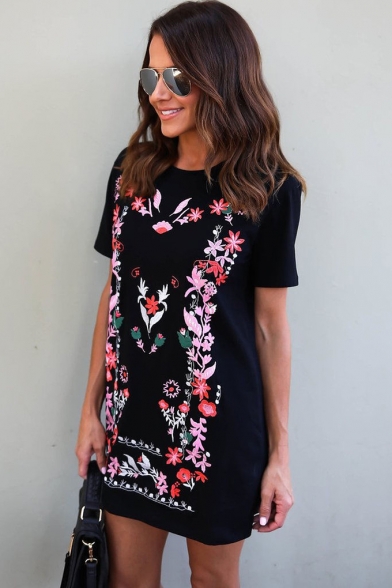 Womens New Trendy Floral Print Round Neck Short Sleeve Mini T-Shirt Black Dress