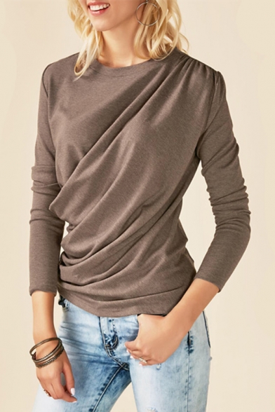 Womens New Trendy Round Neck Long Sleeve Solid Color Ruched T-Shirt