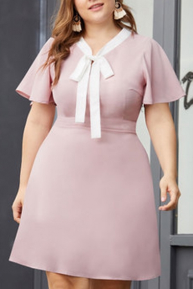 Womens Plus Size Chic Bow-Tied Collar Short Sleeve Pink Mini A-Line Dress