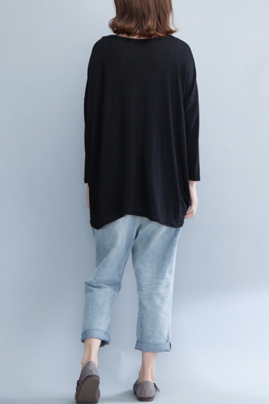 Womens Plus Size Fashion Houndstooth Printed Round Neck Long Sleeve Black Oversized Tee