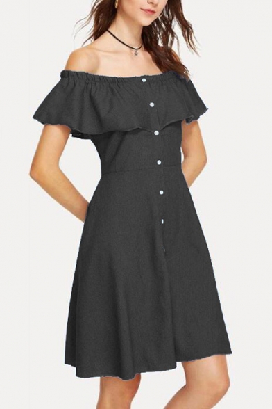 Womens Simple Plain Off the Shoulder Ruffled Hem Button Down Mini A-Line Dress