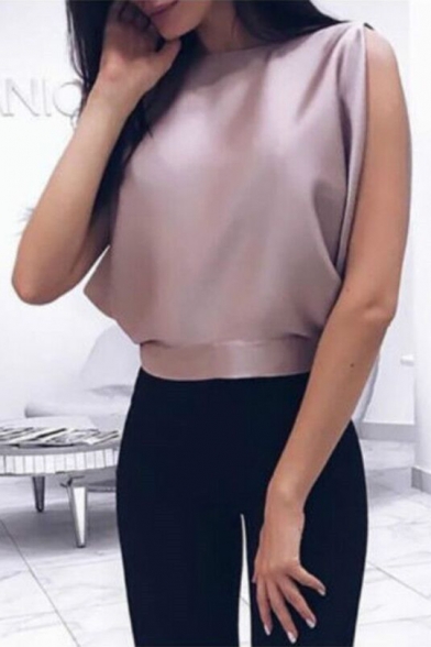 Womens Summer Fashion Solid Color Sleeveless Cutout Bow-Tied Back Tank Top