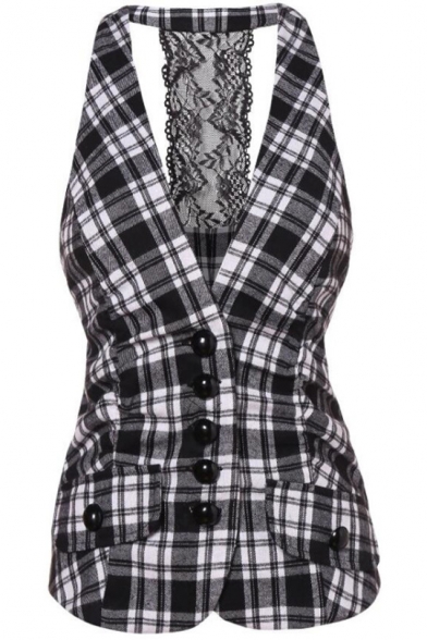 Womens Trendy Plaid Printed V-Neck Button Down Lace-Panel Back Sleeveless Fitted Vest Waistcoat
