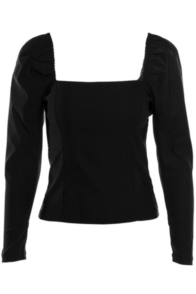 Womens Vintage Square Neck Puff Sleeve Long Sleeve Black Fitted T-Shirt