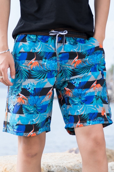 Blue Tropical Plants Printed Guys Beach Quick Dry Swim Shorts with Liner