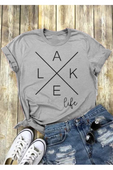 Cool Letter LAKE LIFE Print Simple Short Sleeve Grey T-Shirt