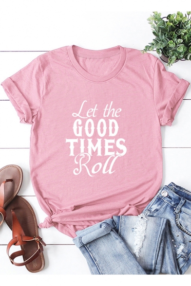 Cool Letter LET THE GOOD TIMES ROLL Print Round Neck Short Sleeve Cotton Loose Tee