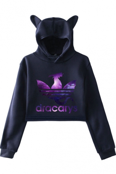 Fancy Purple Galaxy Dragon Dracarys Printed Cute Cat Ear Long Sleeve Crop Hoodie