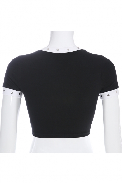 Fashion Cartoon Emoji Robot Print Eyelet Round Neck Slim Black Cropped T-Shirt