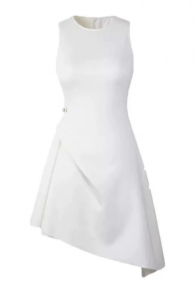 Fashion Designer Pearl Embellished Gathered Waist Solid Color Sleeveless Asymmetrical Dress