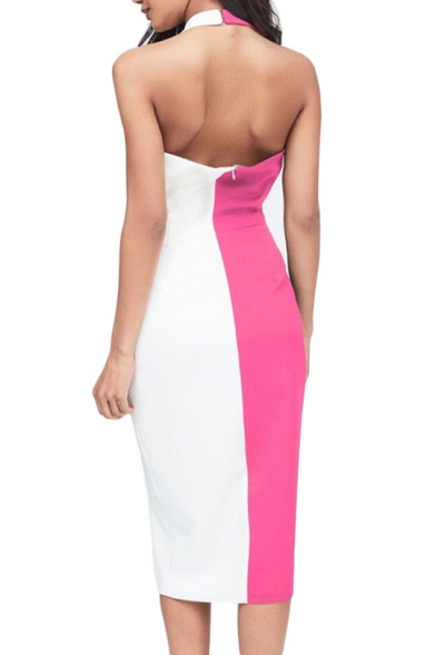 Fashion Halter V Neck Color Block Open Back Slimming Asymmetric Hem Midi Evening Dress