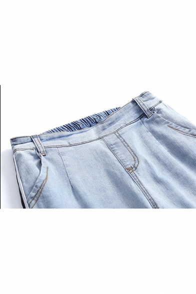 Fashion Light Blue Patched Fringed Hem Stripe Side Womens Wide-Leg Jeans