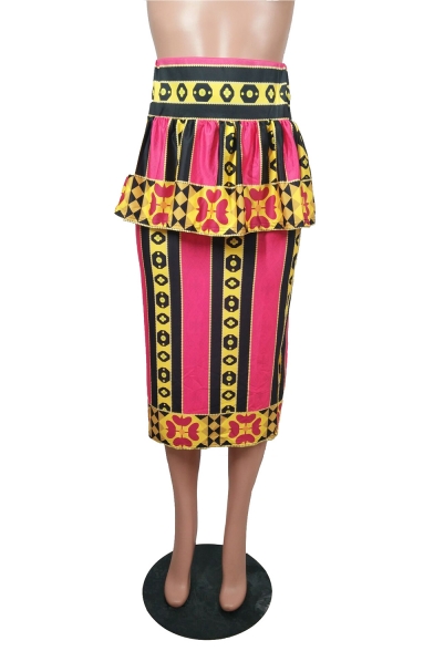 Fashion Pink Tribal Printed Peplum High Rise Midi Pencil Skirt