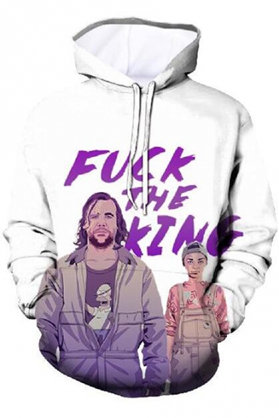 FUCK THE KING 3D Figure Printed Long Sleeve White Casual Drawstring Hoodie