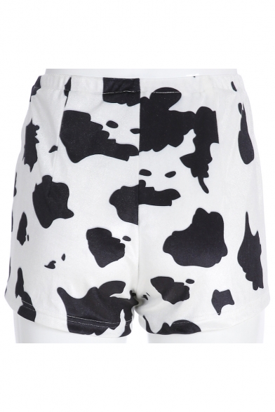 Girls New Stylish White Cow Printed Zipper Fly Front Slim Fit Shorts