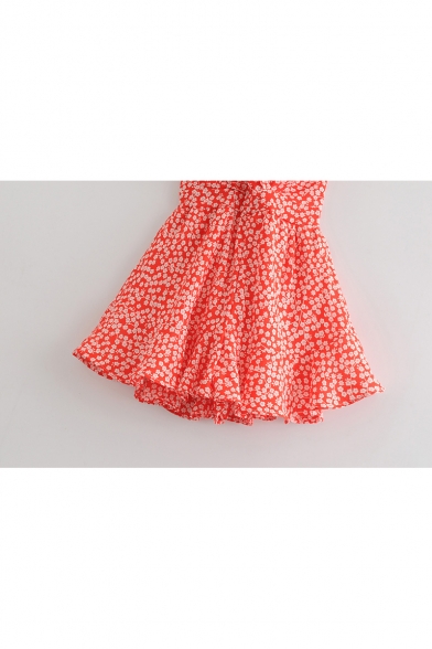 Girls Summer Trendy Red Floral Printed V-Neck Bow-Tied Back Mini A-Line Beach Dress