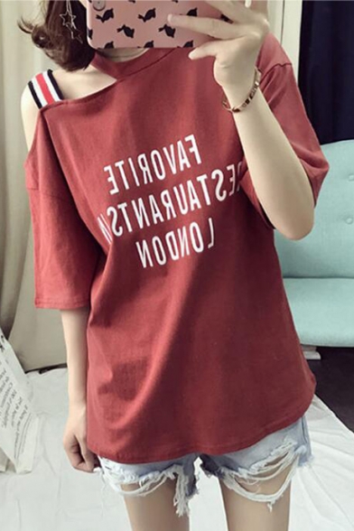 Girls Unique Stripe Strap Cold Shoulder Short Sleeve Letter Printed Loose Fit T-Shirt