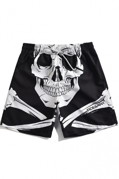 Guys Cool Skull Printed Drawstring Waist Black Beach Shorts Swim Trunks