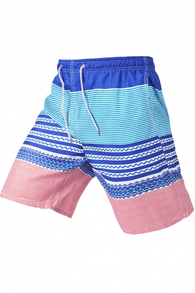 Guys Fashion Striped Printed Drawcord Waist Quick Dry Beach Swim Shorts